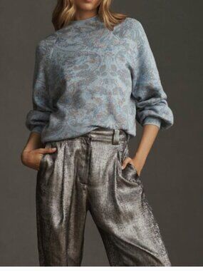 NWT Anthropologie The Beatriz Mock-Neck Sweater: Light Blue Paisley Knit Sweater